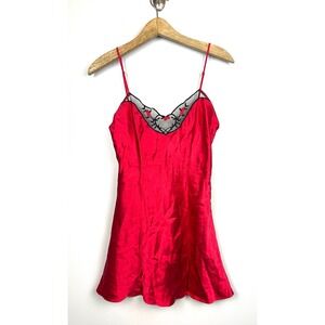 VTG 90s Victorias Secret 100% Silk Red Slip Mini Dress Small Mesh Heart Chemise